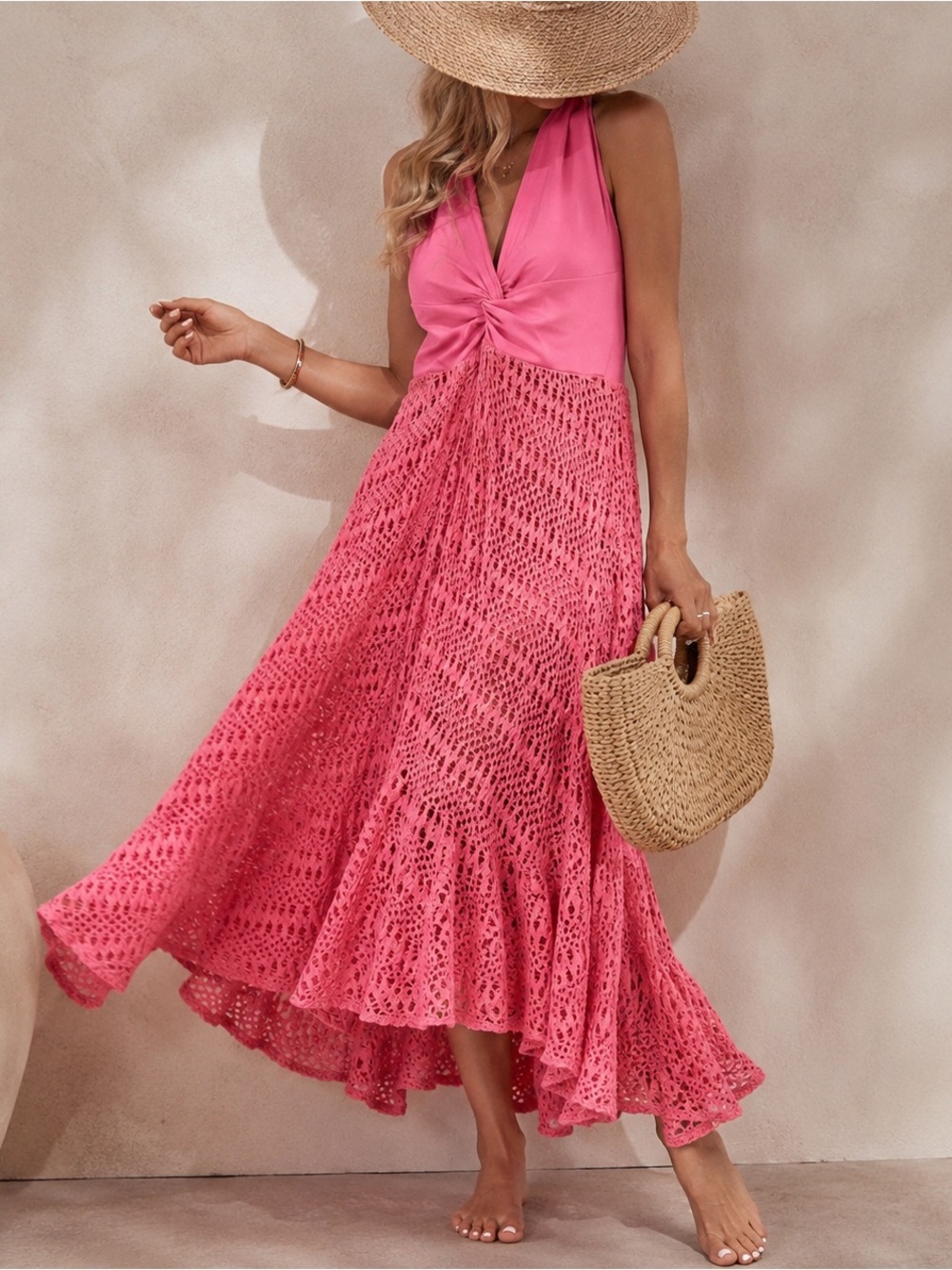 PatBO Pink Coral Crochet Halter Maxi Cover Up Dress | Size L | Resort Beachwear